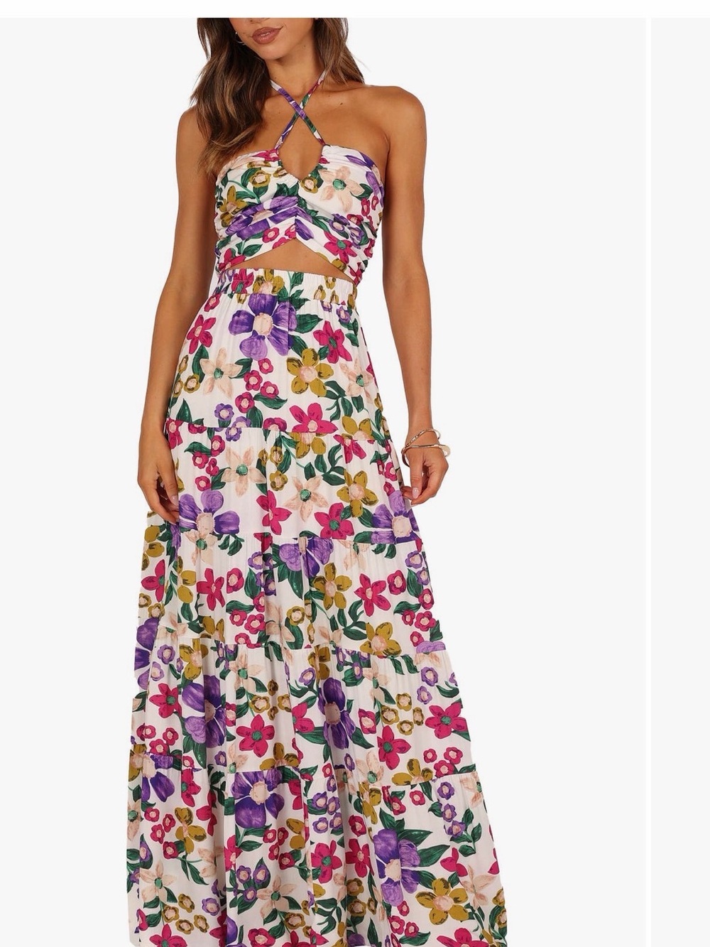 Petal & Pup White Floral Halter Maxi Dress with Purple, Pink & Green Print